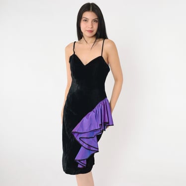 Vintage Velvet Party Dress 80s Black Purple Taffeta Ruffle Midi Sweetheart Neckline Cocktail 1980s Going Out Dress Formal Small 4 