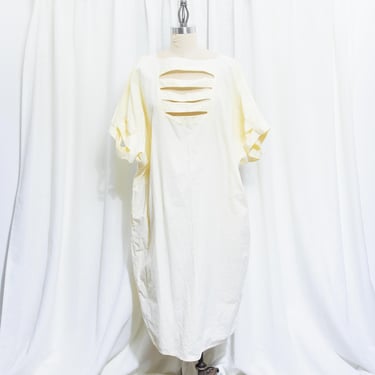 70s Cream Cotton Cutout Panel Cotton Dress Vintage 1970s Avant Garde Oversized Cocoon Midi Dress Sculptural Minimalist Dress 