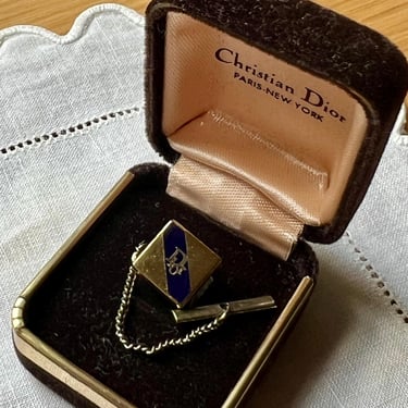 Vtg 80s DIOR Tie Pin, Vintage Christian Dior Gold and Navy Logo Tie Pin, Gift Set, Groom Gift 