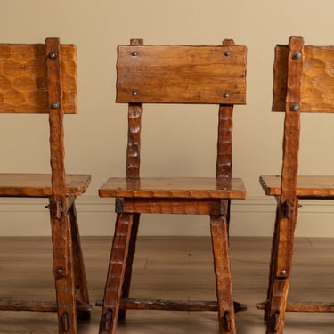 Set of 6 Brutalist Gouge Carved Dining Chairs with Plank Seats, France, 1960s