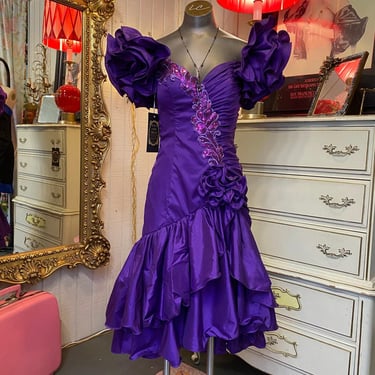 vintage 1980s purple ruched mermaid hem cocktail dress 80s puff sleeve prom s 26 