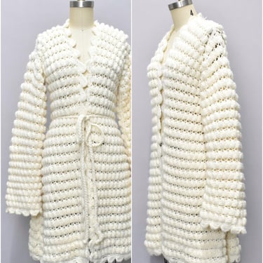Handmade 1960s–70s Ivory Cotton Knit Sweater Coat with Bell Sleeves 