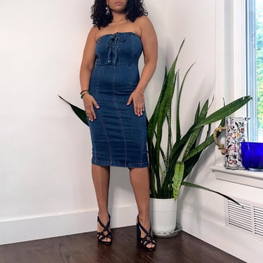 Y2K Denim Strapless Dress: Lace-Up Fitted Tube Dress (M) 