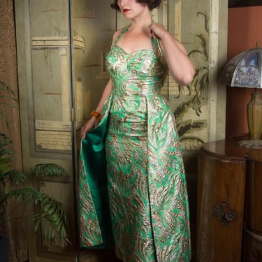 Killer 1960s Bombshell Metallic Brocade Halter Evening Gown in Brilliant Green with Silver and Gold with Satin Lined Overskirt 