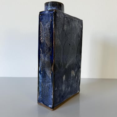1989 Vintage Blue Glazed Geometric Bottle-Shaped Studio Pottery Vase, Signed 