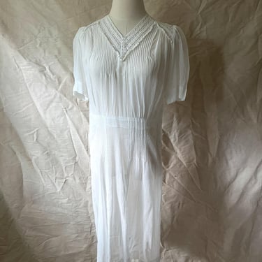 30s White Cotton Lawn Sheer Short Sleeve Shirt Dress with Glass Buttons Size M 
