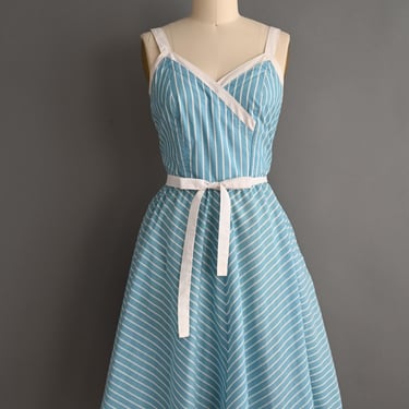 vintage 1950s Inspired Dress | Blue Cotton Stripe Print Full Skirt Summer Sun Dress | Large 