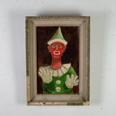 Vintage Folk Art Oil on Woven Fabric Painting Of Red Faced Circus Clown In Green Suit, Signed JD 