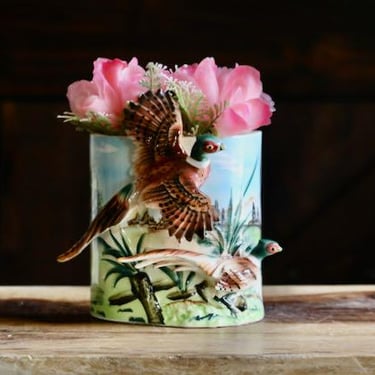 Vintage Holt Howard Pheasant Planter, Kitschy Fall Decor, 2 Ring Neck Pheasants Plant Holder, Mid Century Bird Wall Vase, Grannycore, REPAIR 
