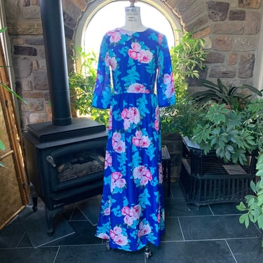Vintage 1980s Blue and Pink Floral Summer Maxi Dress 