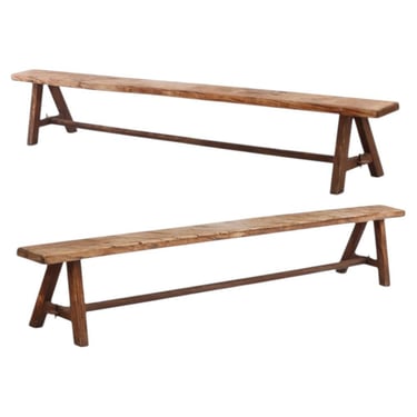 A Large Pair of French Elm Benches, C. 1940.