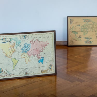 Vintage World Map | Mid-century Wall Poster | 60's Wall Decor | Old Framed Earth Map | Atlas 