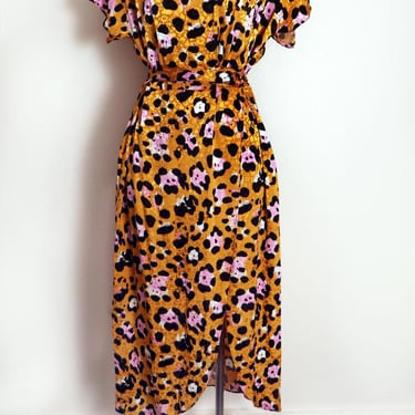 LEOPARD Print Gold & Pink 1940's style Dress, Vintage 1980's Rayon wrap dress 