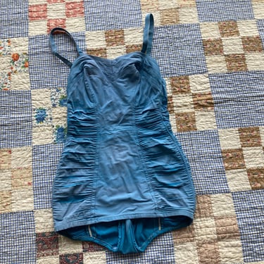 XS S 40s Robin's Egg Blue Catalina Swimsuit Shirred Waistline Adjustable Straps Bathing Suit Swimwear One Piece 1940s 50s 1950s 