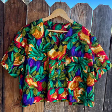Vintage Tropical/Fruit Print Boxy Blouse, Size XL 