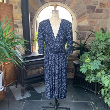Vintage 1980s Navy Blue Flower Ivory Lace Insert Dress Peri Petites NOS with Tags, Eighties Office Dress, Vintage Belted 80s Dress 