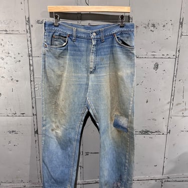 Vintage 70's Western Ranger Farm Wear Distressed Thrashed Utility Workwear Repaired  Faded Baby Blue Denim Jeans 