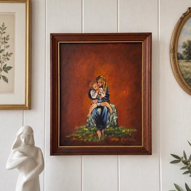 Vintage Original Oil Painting Mother and Child Signed E. McManus Framed Canvas Art Rustic Country Wall Decor Collectible Artwork 