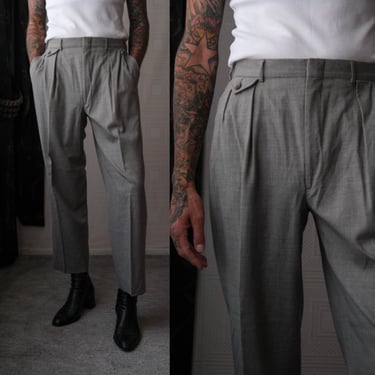 Vintage 80s POLO Ralph Lauren Heather Gray Wool Gabardine Pocket Pleated Slacks | 100% Wool | 1980s 1990s POLO RL Designer Mens Dress Pants 