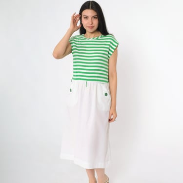 Vintage Green White Striped Dress 80s Midi Cap Sleeve Button Back Strappy 1980s Summer Casual Day Preppy Pockets High Waist Petite Medium M 
