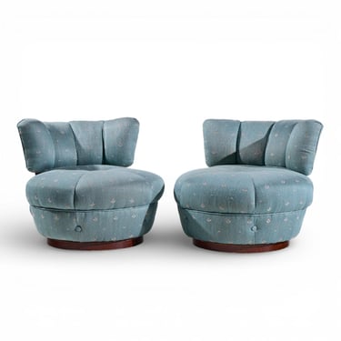Dunbar Style Mid Century Swivel Pouf Lounge Chairs - Pair - mcm 