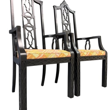 Elegant pair of 1970s Black Chinoiserie Arm Chairs w/Carved Details Mid Century
