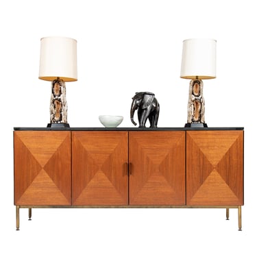 American Modernist Walnut Credenza | Sideboard w. Marquetry Doors