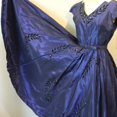 Vintage 1950s Blue Sharkskin Taffeta with Black flocked velvet leaves Rhinestones Rockabilly Dress Party Event gown // US 0 2 4 xs s 