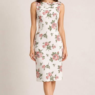 Vintage White Floral Sheath Dress Size Small Rose Print Sleeveless Cottagecore Romantic Dress 