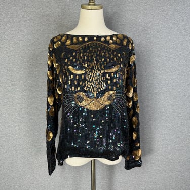 Vintage Beaded - Black Panther - Leopard - Sequins and Beading on Silk - Circa 1980s - Vintage Beaded 