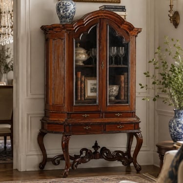 18th C. Portuguese Colonial Period Mahogany Wood Glazed Glass Door Vitrine Display Cabinet On Stand - Rare Original Antique 