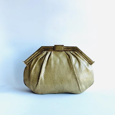 vintage Judith Leiber convertible clutch or shoulder bag in Karung with Mirror and matching coin purse exotic snake skin gold tone hardware 