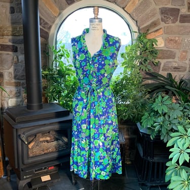 Vintage 1970s Blue and Green Flower Summer Dress Keram New York 
