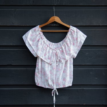 70's Prairie Blouse, Pink + White Floral Cotton Blouse, Boho 1970's Peasant Blouse, Vintage 70s Shirt 