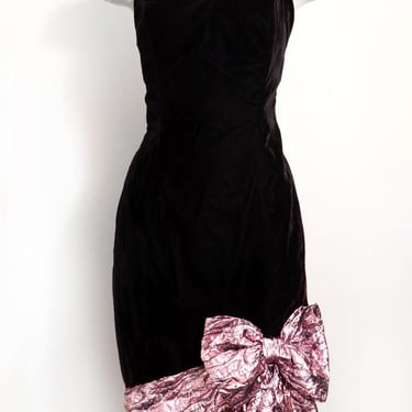 80's Black Velvet & Pink Big Bow Party Dress Holiday Gown 1980's Vintage strapless 