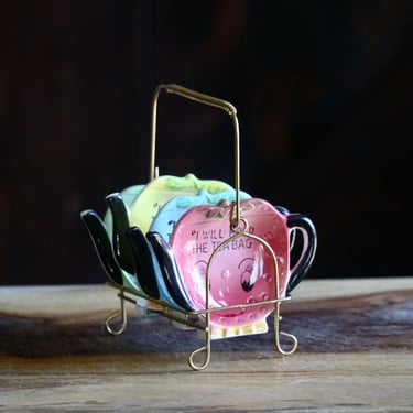 Vintage Tea Bag Holders with Metal Caddy, Retro Kitchenalia, Teapot Shaped Plates, Anthropomorphic Tea Party Dishes, Host Gift, Cottagecore 