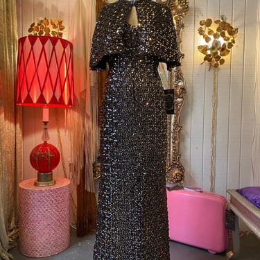 vintage 1970s sequin strapless gown, 70s formal dress and cape, holiday, nye, xs 