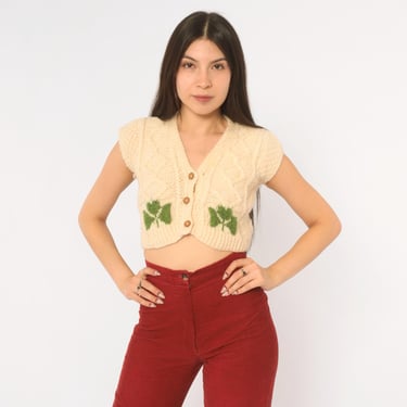 70s Clover Cable Knit Cropped Sweater Vest Wool Button Front Sleeveless Green Leaf Aran Fisherman Cottagecore Prairie Women Extra Small XS 