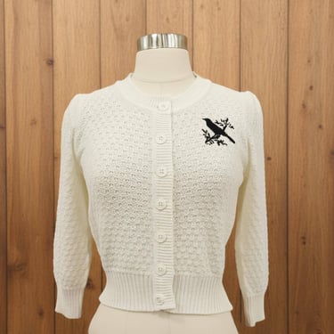 Crow Vintage Inspired Ivory Cardigan Sweater, Retro Bird Embroidered Knit, 1950s Inspired Cropped Button Up, Cottagecore Classic Knit Top 