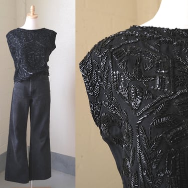 Vintage Black Beaded Embroidered Tank Top | Scalloped Hem Silk Evening Wear 
