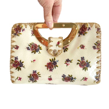 Vintage Hand Made Handbag, Hand Mates of Miami Purse with Red Roses and Glitter, Gold Tone Handle, Clutch Purse, Small Handbag, Evening Bag 
