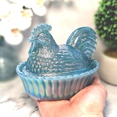 Carnival Glass Rooster Hen on Nest Chicken Candy Dish, Vintage Style Decor, Farmhouse Kitchen Vase, Depression Style Glass, Jewelry Box 