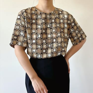 vintage blouse vintage shirt vintage top brown black square block 90s retro vintage style silky shirt summer short sleeve size M/L 