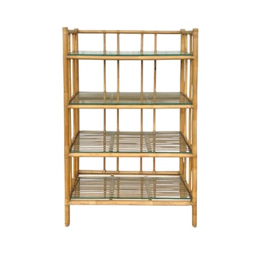 Vintage Bamboo Rattan Etagere Bookcase 63” Tall - Natural Cane Glass Shelf Display - Coastal Palm Beach Hollywood Regency Furniture 