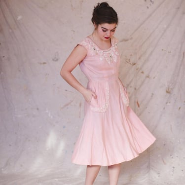 Vintage 60s Pink Dress, Valentines Day Dress, 1960s A-Line Dress, Women's Vintage, Princess Fancy Sparkle Applique Embroidery 