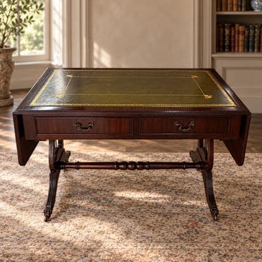 Vintage Marquetry Game Table | Green Leather Card Table | Louis XVI Revival Console Table with Brass Details 