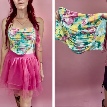 Pastel Garden Fairy Malibu Barbie Retro Watercolor Floral Ruched Bustier Top 6 