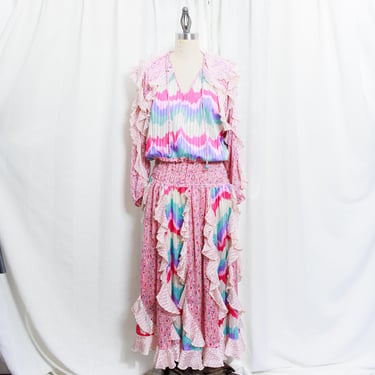 80s Pink Colorful Cascading Ruffle Maxi Dress Vintage 1980s Jodi Michaels Abstract Print Pleated Boho Dress 