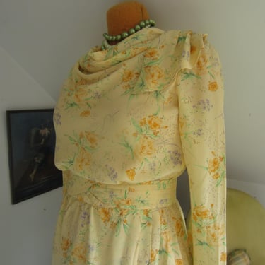 1980's Yellow Floral Silk Dress, Draped Collar, Flounce Shoulder, Mid Calf Length 