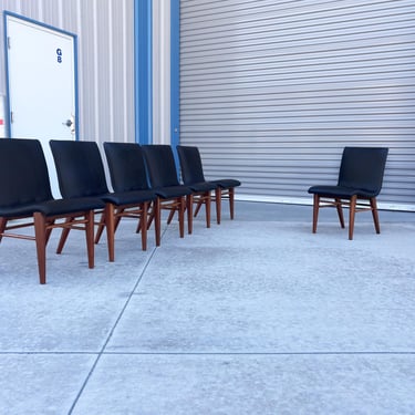 1960s Mid Century Walnut & Vinyl Dining Chairs - Set of 6 